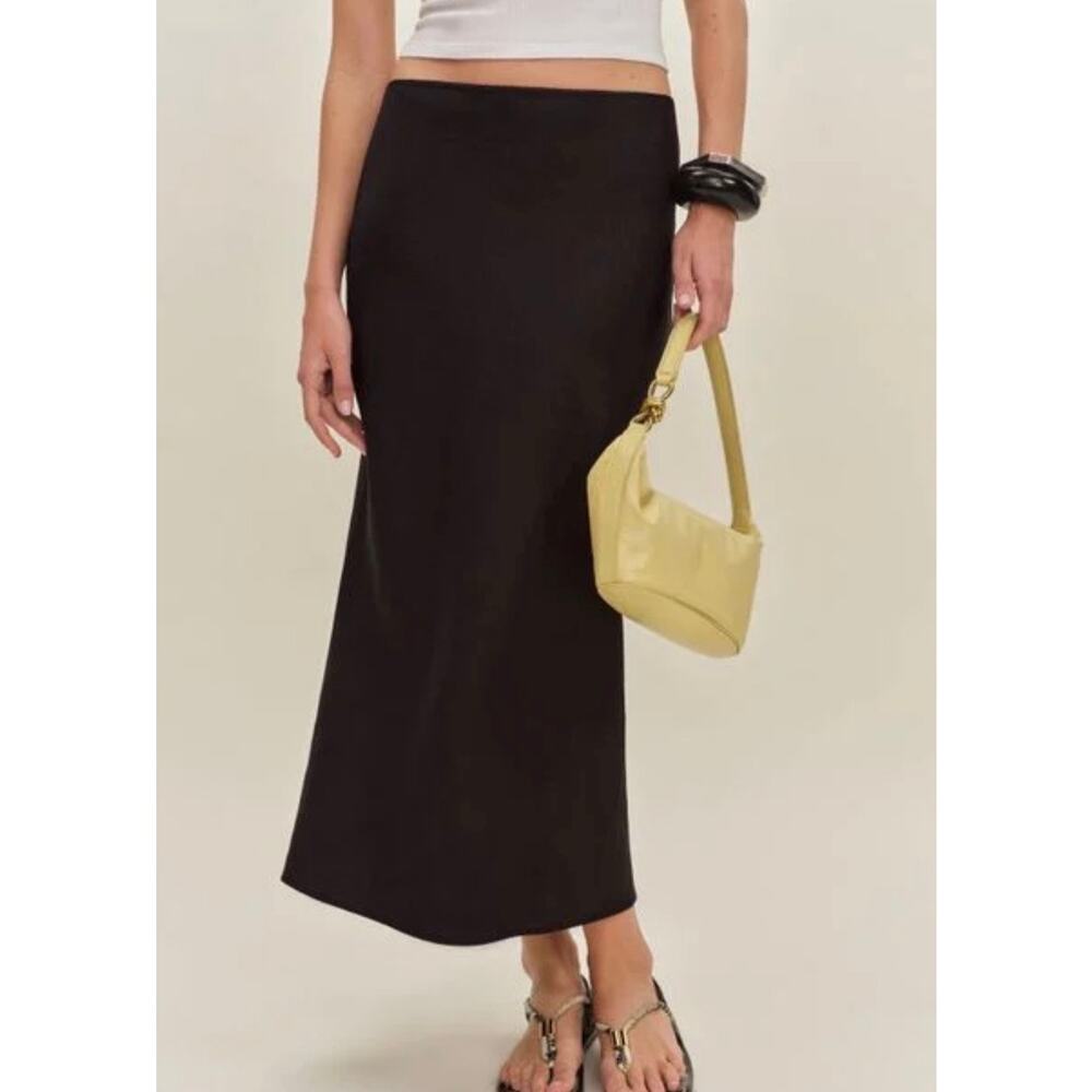 Reformation Women's Black Layla Linen Midi Skirt Women's L